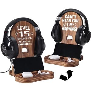 Wooden Gamer Headphone & Phone Stand with Tray - Brown for 15 Year Old or Gamer